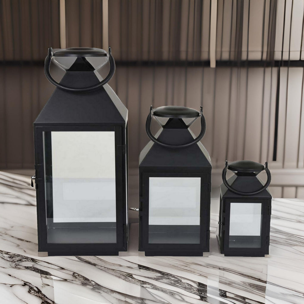 Davi Set of 3 Decorative Lanterns, Curved Handles, Glass Panel, Black Metal By Casagear Home