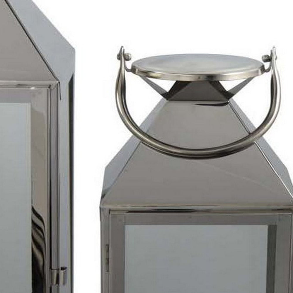 Davi Set of 3 Decorative Lanterns, Curved Handles, Glass Panel Silver Metal By Casagear Home
