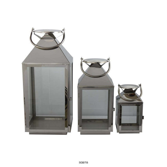 Davi Set of 3 Decorative Lanterns, Curved Handles, Glass Panel Silver Metal By Casagear Home