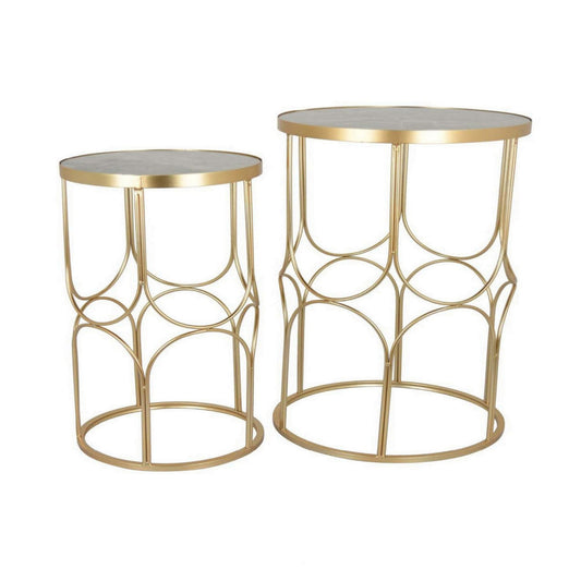 Gimy Set of 2 Plant Stand Table, Round White Gray Marble Top, Gold Base By Casagear Home