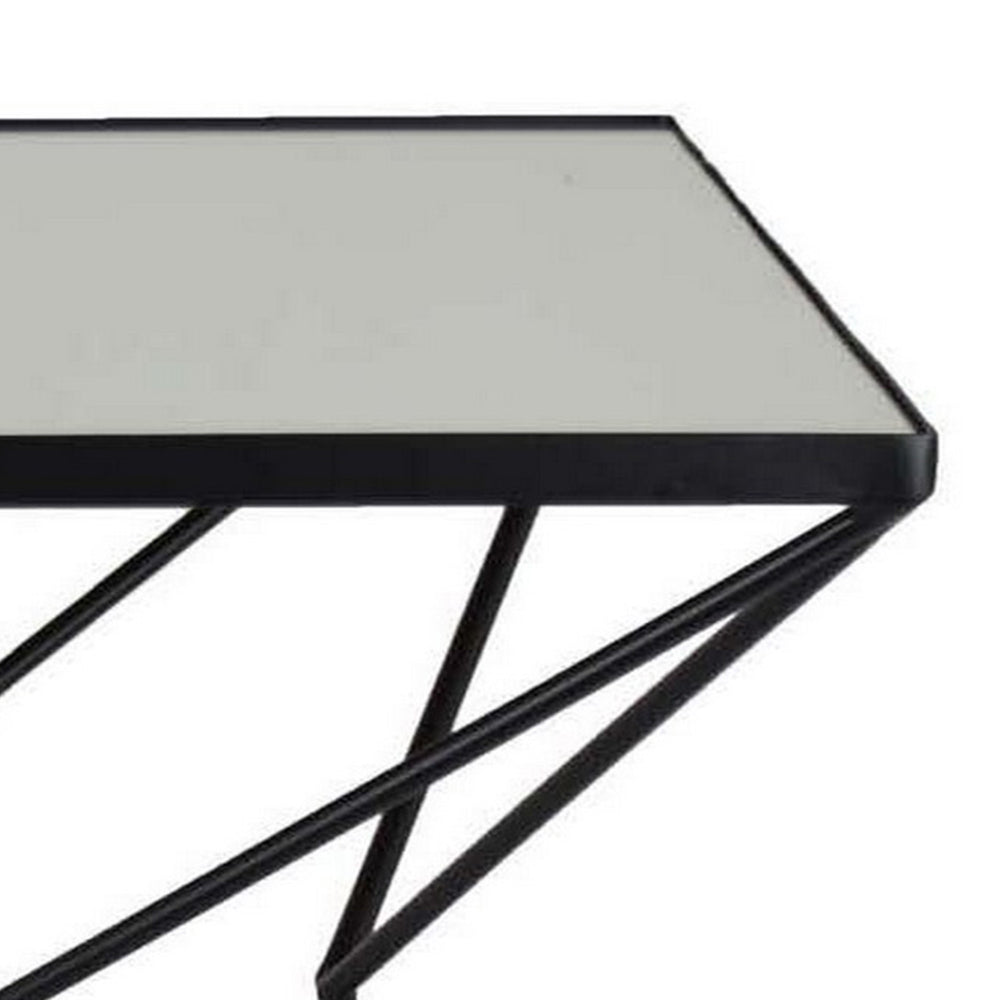 21 Inch Plant Stand Side Table, Mirror Top, Black Geometric Metal Frame By Casagear Home