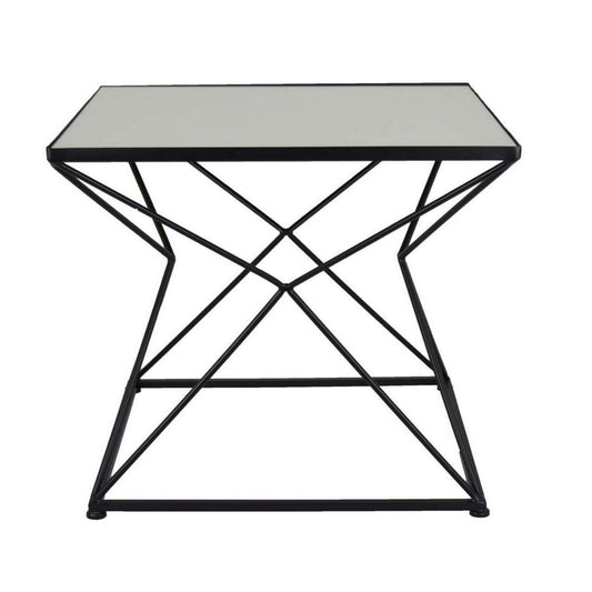 21 Inch Plant Stand Side Table, Mirror Top, Black Geometric Metal Frame By Casagear Home