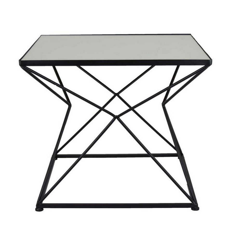 21 Inch Plant Stand Side Table Mirror Top Black Geometric Metal Frame By Casagear Home BM315644