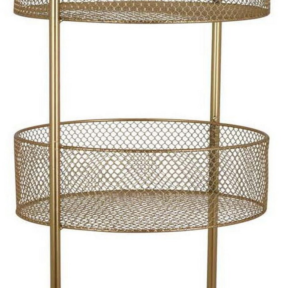 42 Inch 3 Tier Storage Rack, Round, Mesh Tops, Curved Metal Frame, Gold By Casagear Home