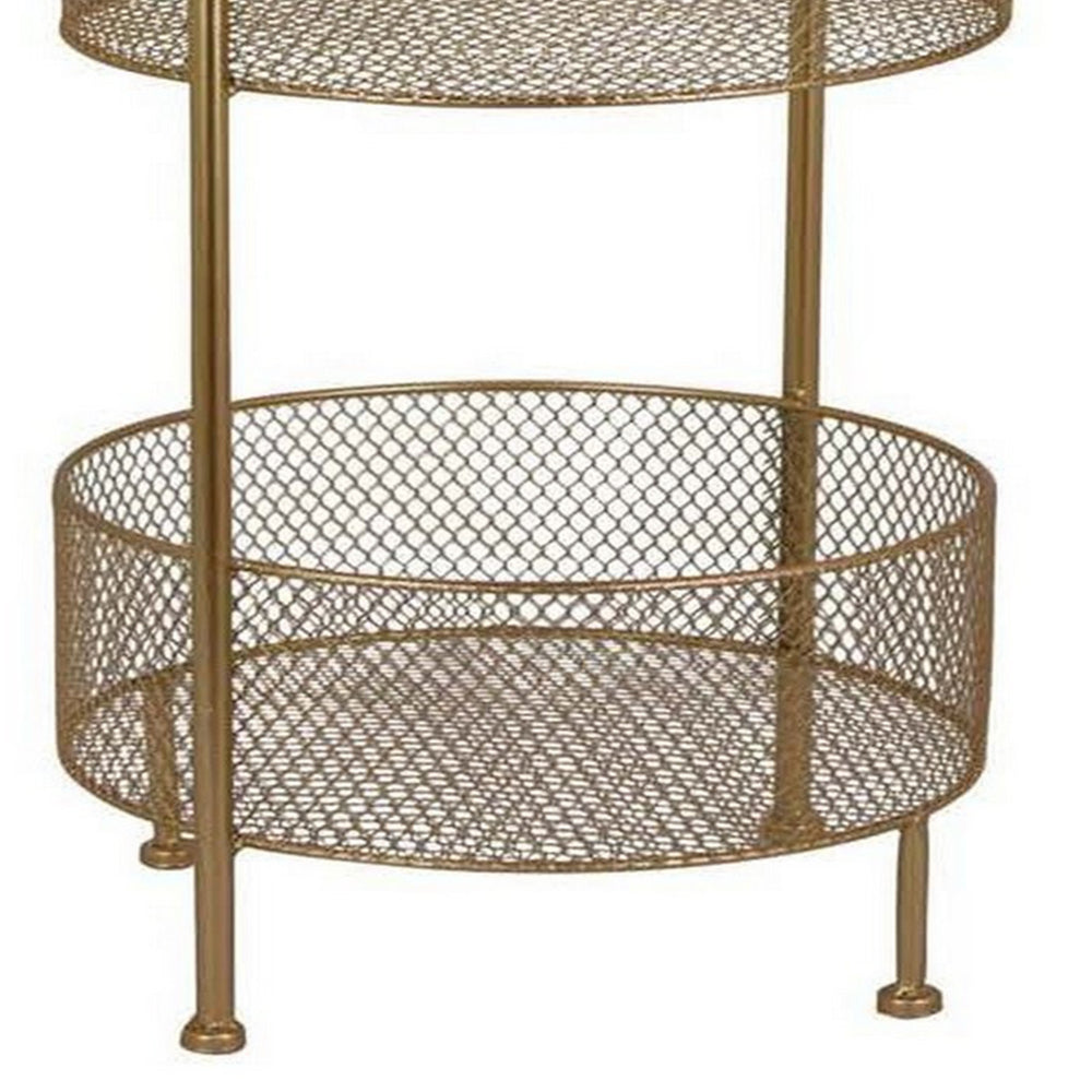 42 Inch 3 Tier Storage Rack, Round, Mesh Tops, Curved Metal Frame, Gold By Casagear Home