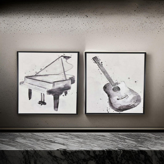 30 x 40 Framed Wall Art Painting Set of 2, Guitar and Piano, Black, White By Casagear Home