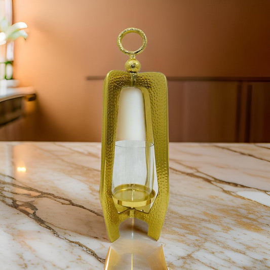 Dolk 27 Inch Tabletop Lantern, Antique Shape, Glass Body, Gold Metal Frame By Casagear Home