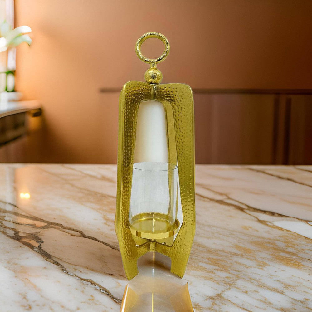 Dolk 27 Inch Tabletop Lantern, Antique Shape, Glass Body, Gold Metal Frame By Casagear Home