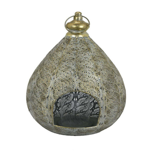 18 Inch Decorative Lantern, Embossed Design, Tear Drop Shape, Gold Metal By Casagear Home