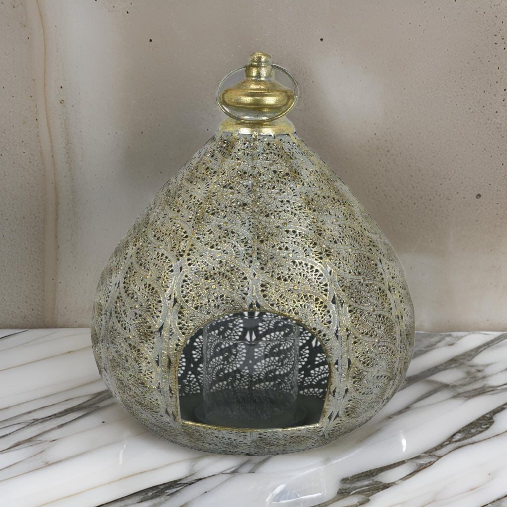 18 Inch Decorative Lantern Embossed Design Tear Drop Shape Gold Metal By Casagear Home BM315654