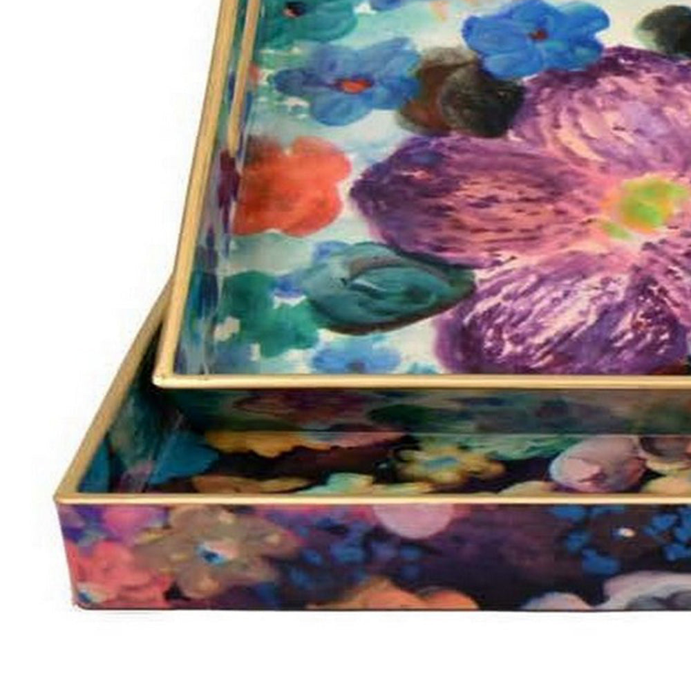 Set of 2 Decorative Trays, Floral Print Design, Cutout Handles, Multicolor By Casagear Home