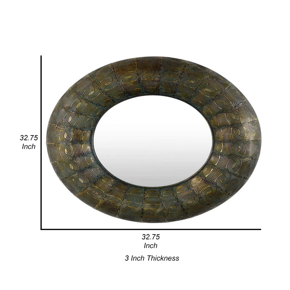 33 Inch Decorative Wall Mirror Round Embossed Design Bronze Metal By Casagear Home BM315657