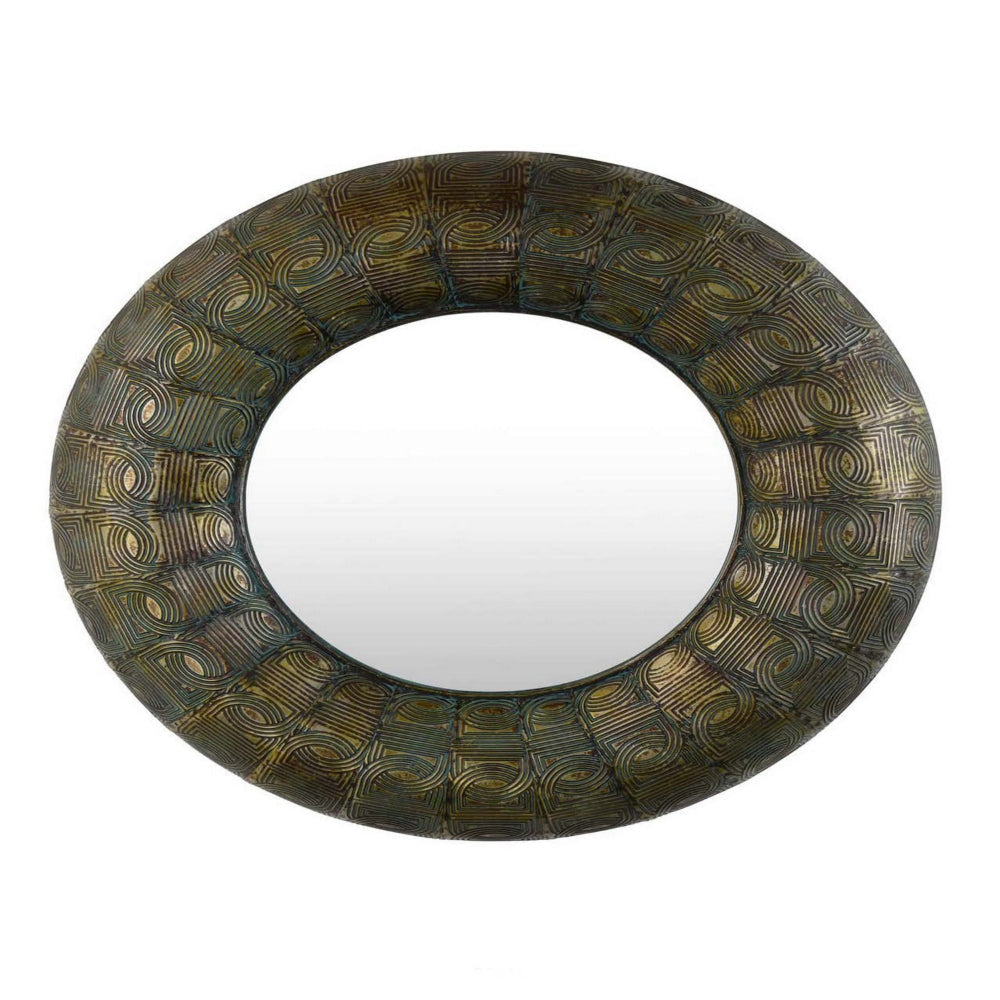 33 Inch Decorative Wall Mirror, Round Embossed Design, Bronze Metal By Casagear Home