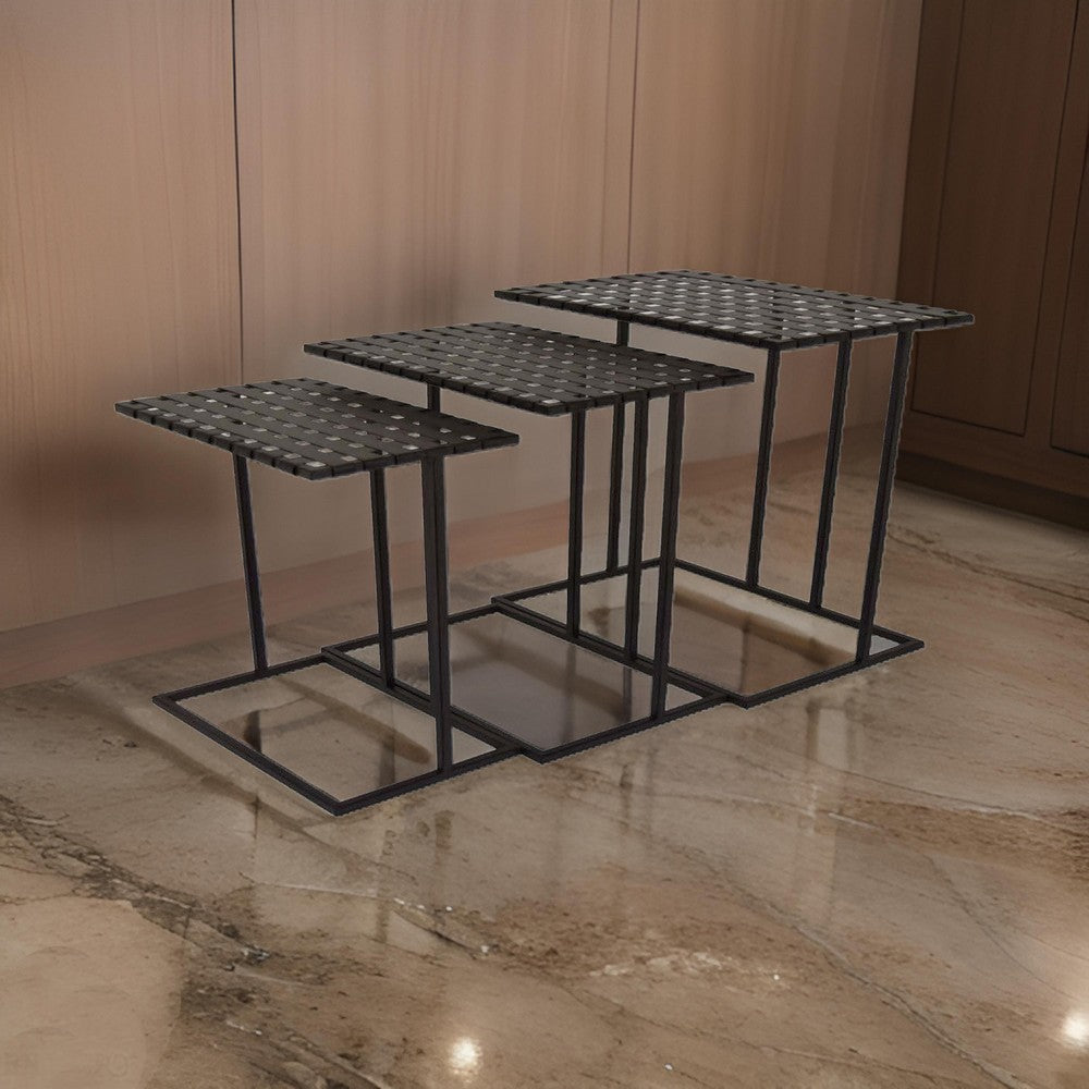 Set of 3 Plant Stand Side Tables, Rectangular Mesh Top, Black Metal Frame By Casagear Home