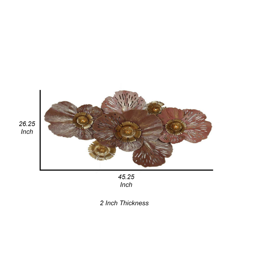 45 Inch Hanging Wall Art Decor, 3D Multiple Flowers, Metal, Brown, Gold By Casagear Home