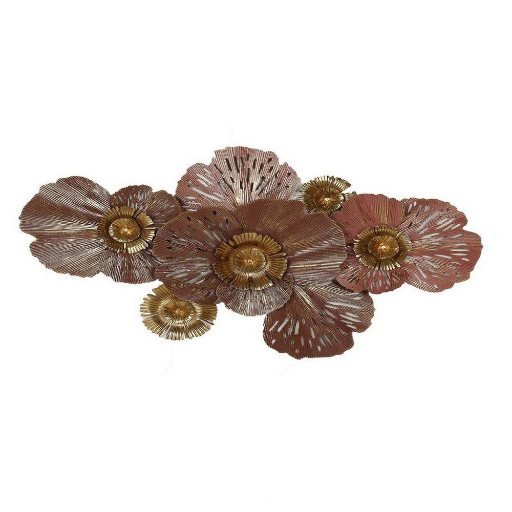 45 Inch Hanging Wall Art Decor 3D Multiple Flowers Metal Brown Gold By Casagear Home BM315672