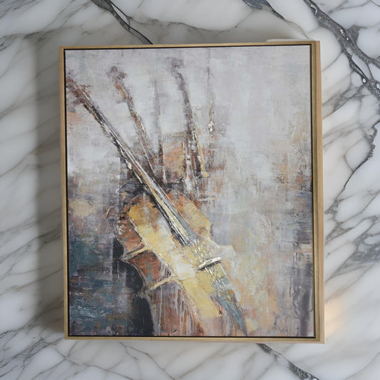 40 x 59 Framed Canvas Oil Painting Guitar Natural Fiber Gray and Brown By Casagear Home BM315674