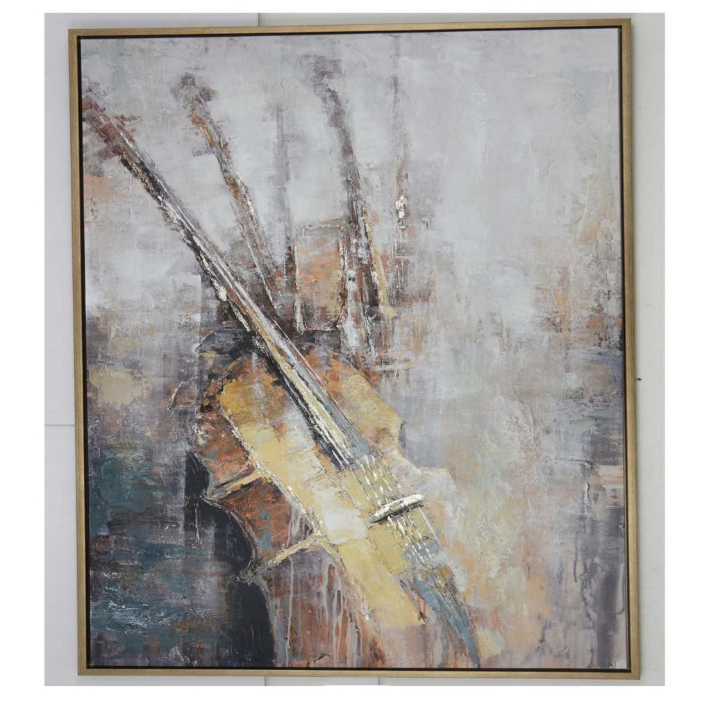 40 x 59 Framed Canvas Oil Painting Guitar Natural Fiber Gray and Brown By Casagear Home BM315674