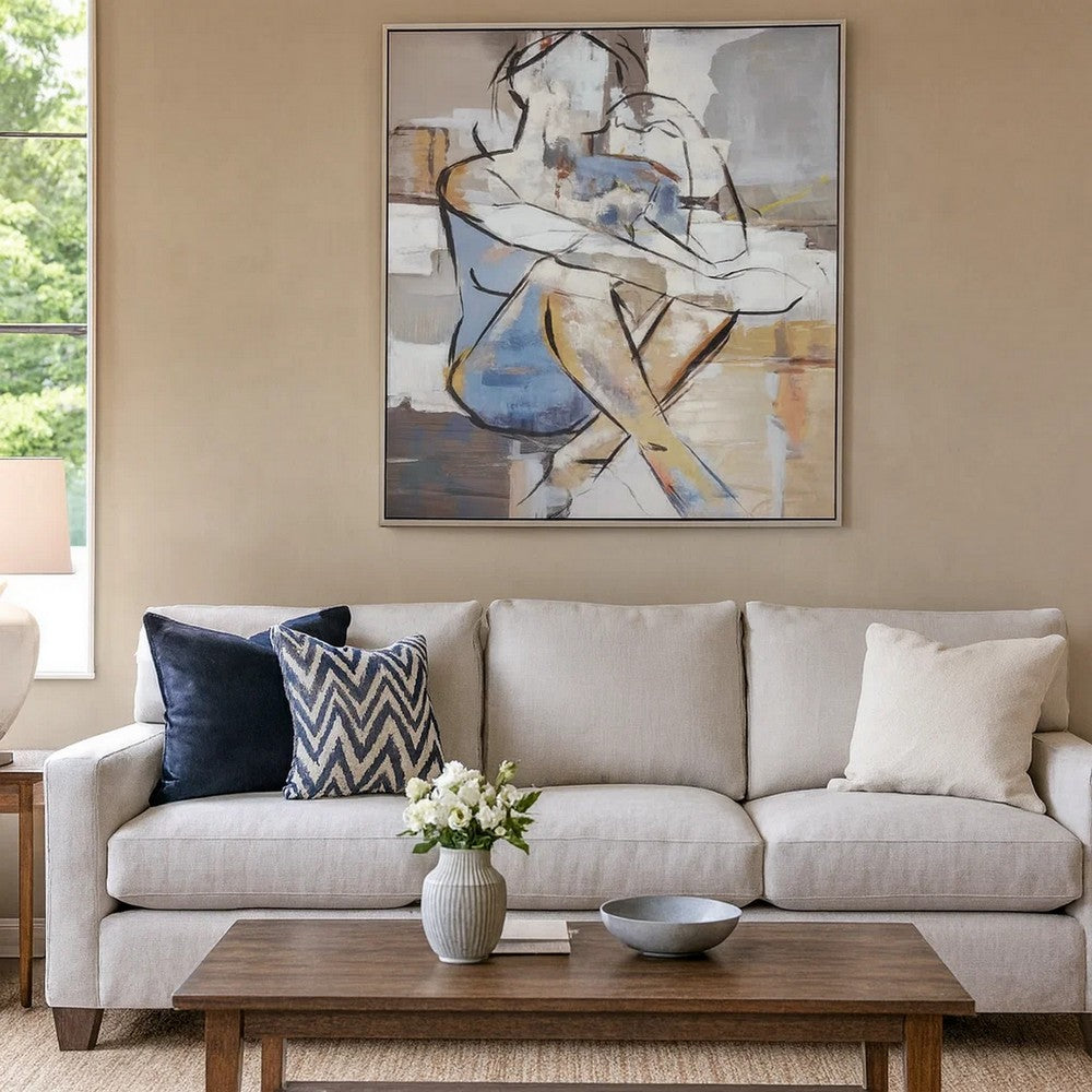 Iamo 49 x 69 Framed Canvas Oil Painting, Woman Sitting, Natural, Blue, Gray By Casagear Home