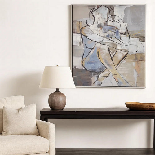 Iamo 49 x 69 Framed Canvas Oil Painting, Woman Sitting, Natural, Blue, Gray By Casagear Home