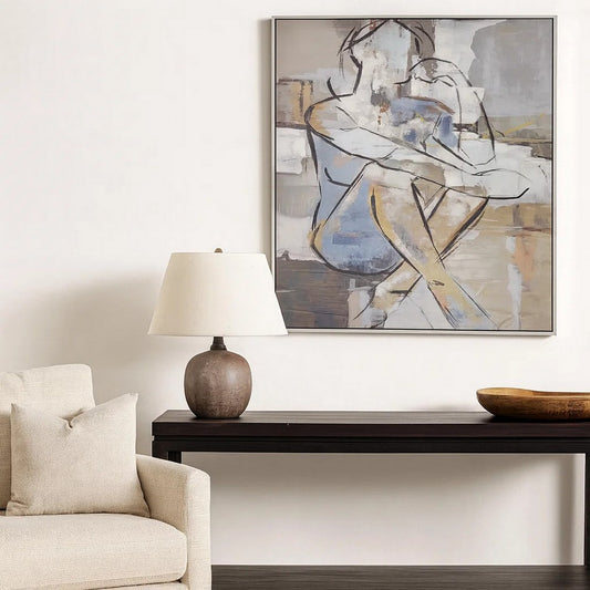 Iamo 49 x 69 Framed Canvas Oil Painting, Woman Sitting, Natural, Blue, Gray By Casagear Home