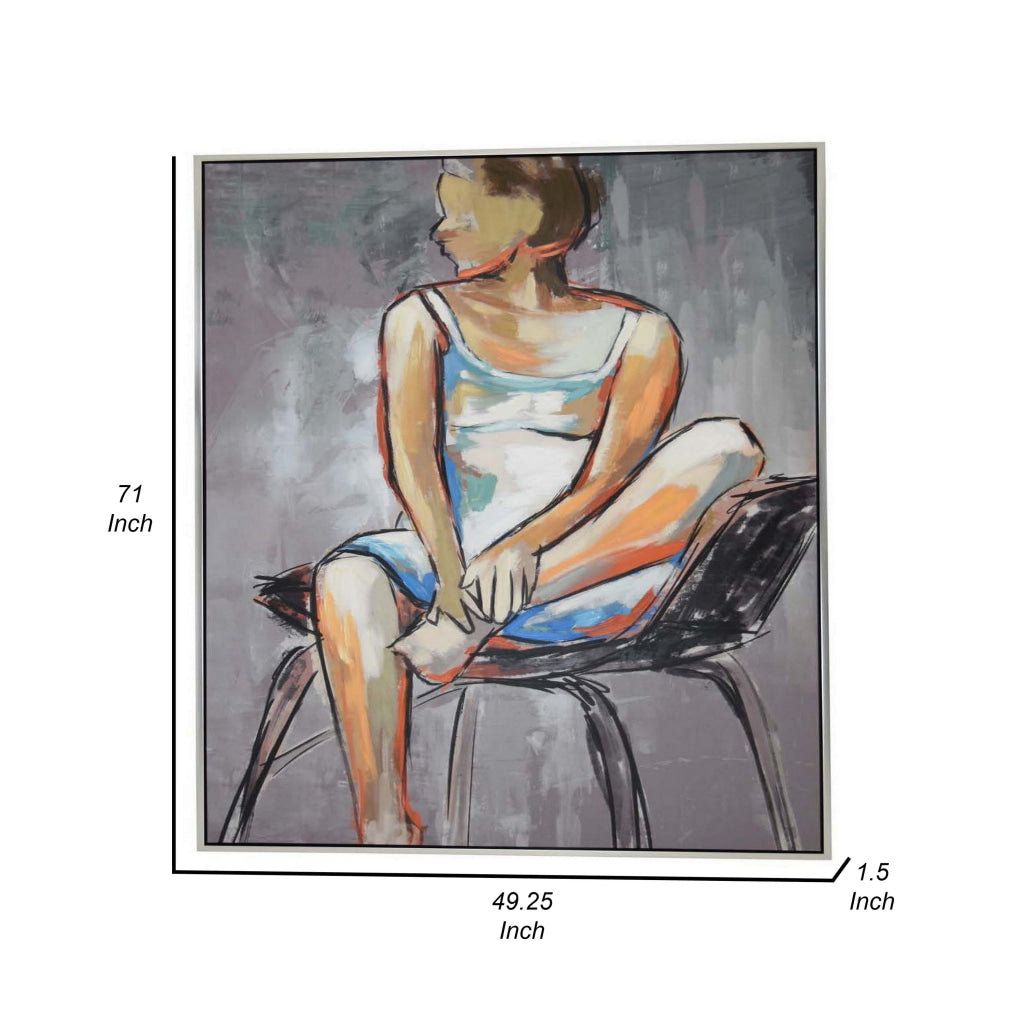 Iamo 49 x 71 Framed Canvas Oil Painting Woman Sitting on Chair Blue By Casagear Home BM315677