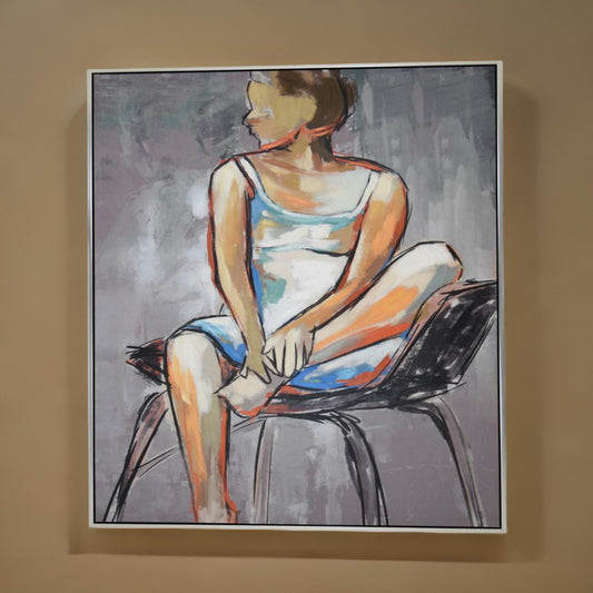 Iamo 49 x 71 Framed Canvas Oil Painting Woman Sitting on Chair Blue By Casagear Home BM315677