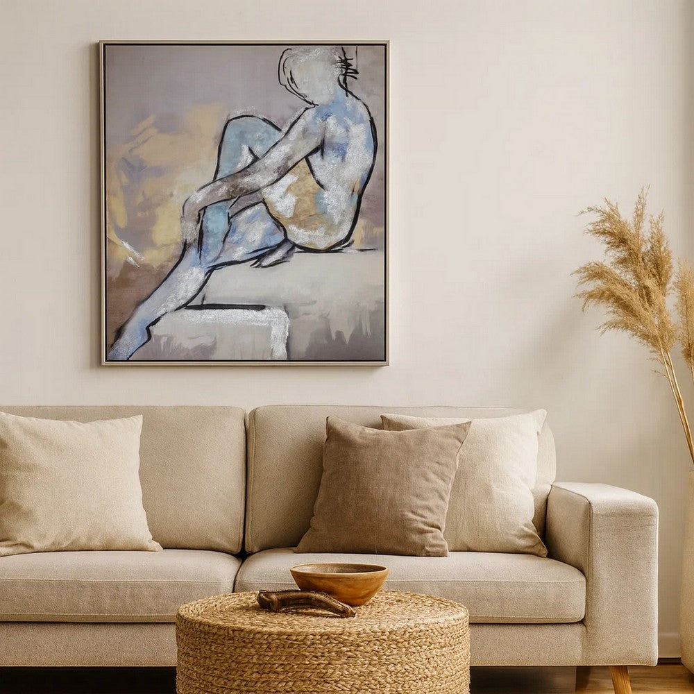 Iamo 49 x 71 Framed Canvas Oil Painting, Female Pose, Natural Fiber, Blue By Casagear Home