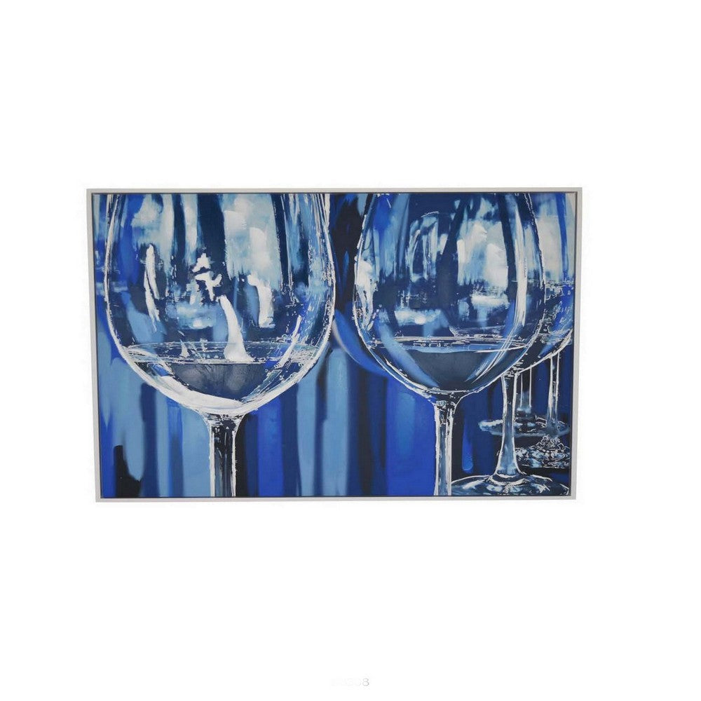 49 x 59 Framed Canvas Oil Painting, 2 Wine Glasses, Blue and White By Casagear Home