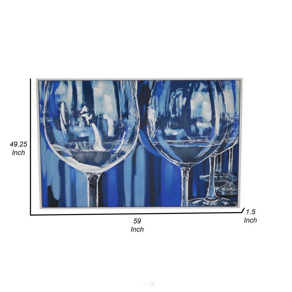 49 x 59 Framed Canvas Oil Painting 2 Wine Glasses Blue and White By Casagear Home BM315679