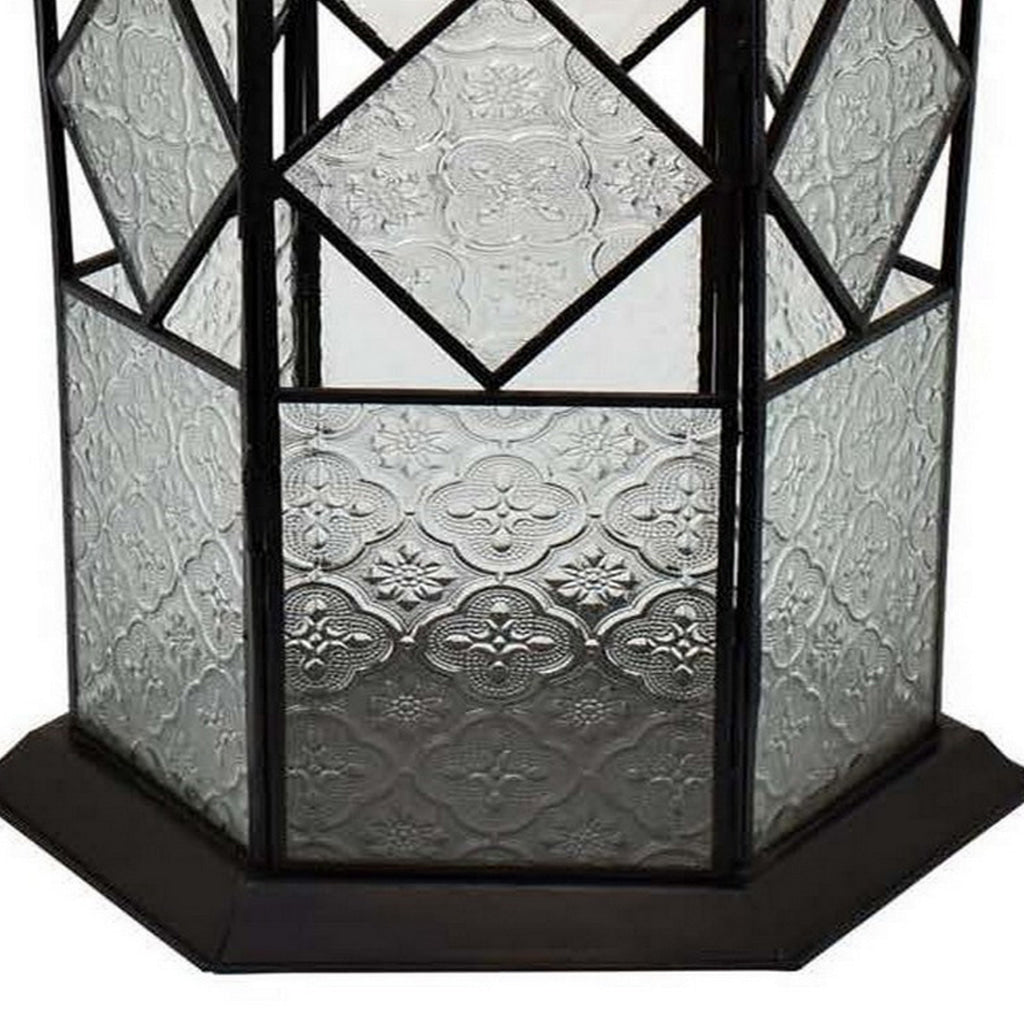 23 Inch Modern Decorative Lantern Hexagonal Glass Case Black Metal By Casagear Home BM315691