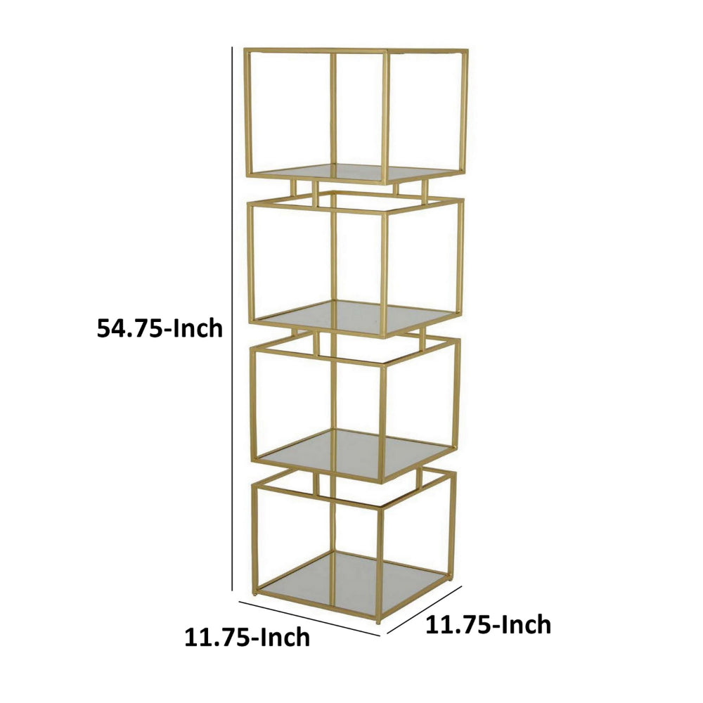 55 Inch Tall Modern Plant Stand Tower, 4 Square Mirrored Shelves Gold Metal By Casagear Home