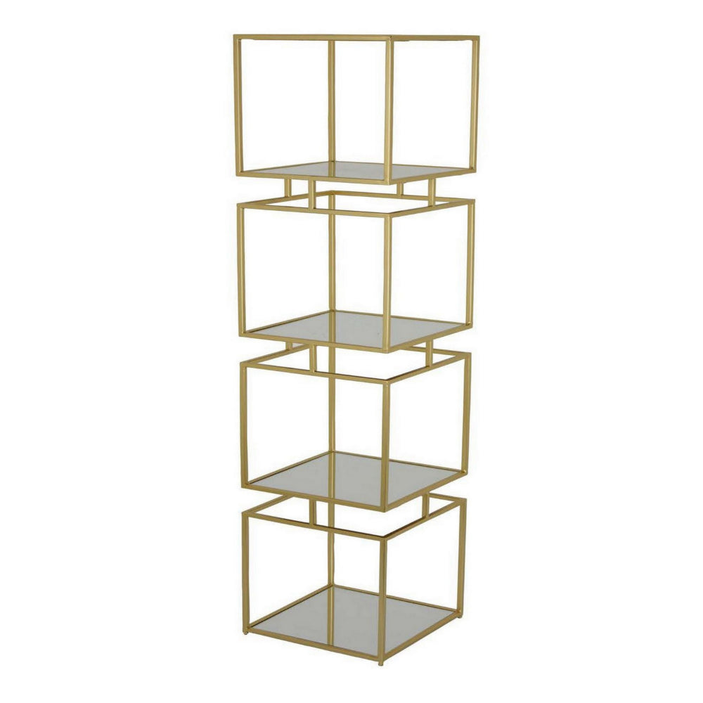 55 Inch Tall Modern Plant Stand Tower, 4 Square Mirrored Shelves Gold Metal By Casagear Home