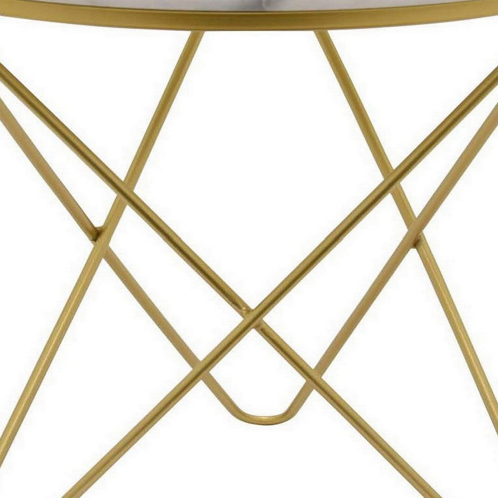 24 Inch Modern Plant Stand Side Table Round Marble Display Gold Metal By Casagear Home BM315703