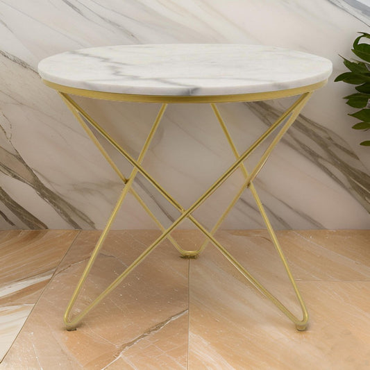 24 Inch Modern Plant Stand Side Table, Round Marble Display, Gold Metal By Casagear Home