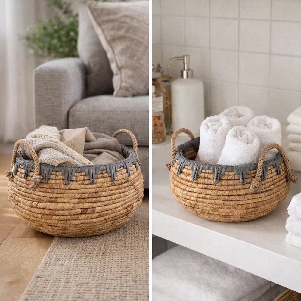 Decorative Storage Basket Set of 2, Handwoven Water Hyacinth Fiber, Brown By Casagear Home