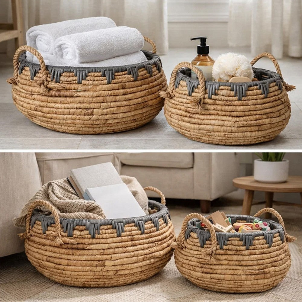Decorative Storage Basket Set of 2, Handwoven Water Hyacinth Fiber, Brown By Casagear Home