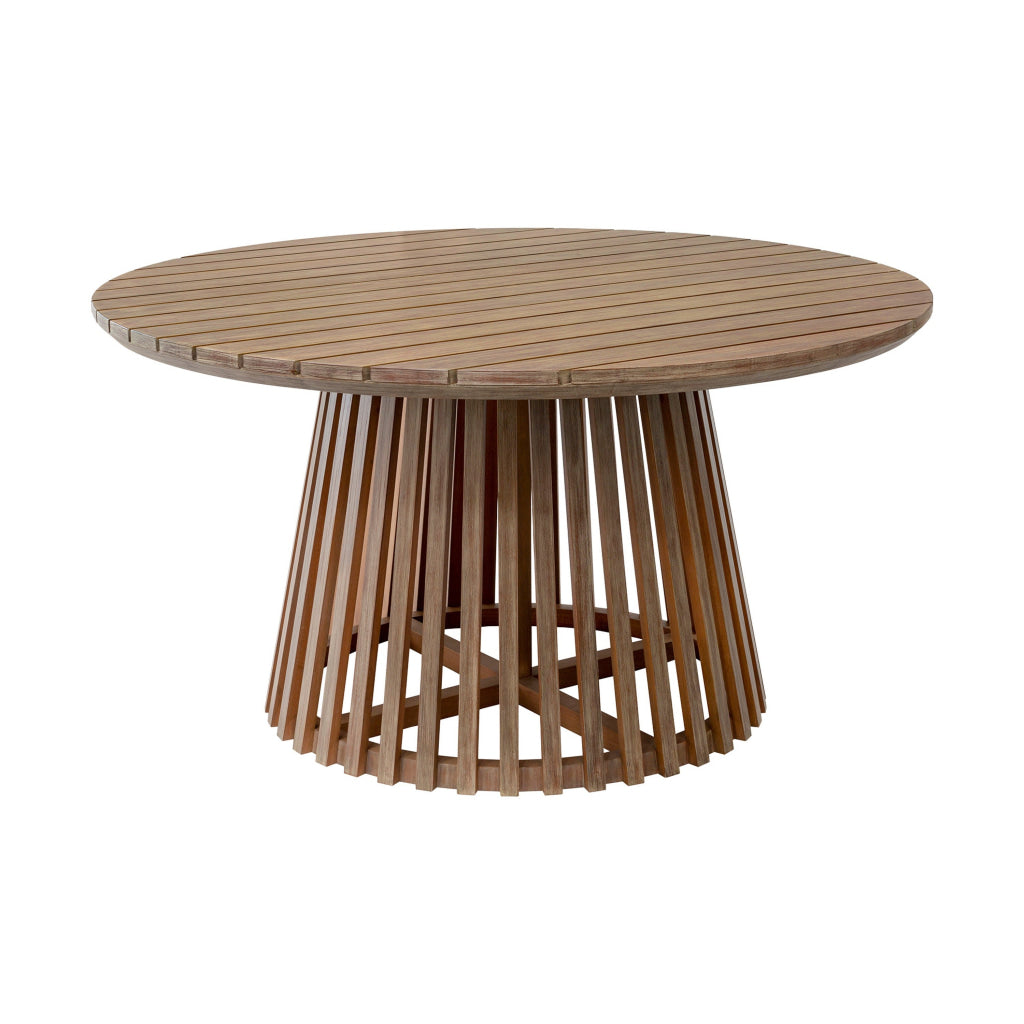 55 Inch Outdoor Dining Table Slatted Fluted Base Brown Eucalyptus Wood By Casagear Home BM315710