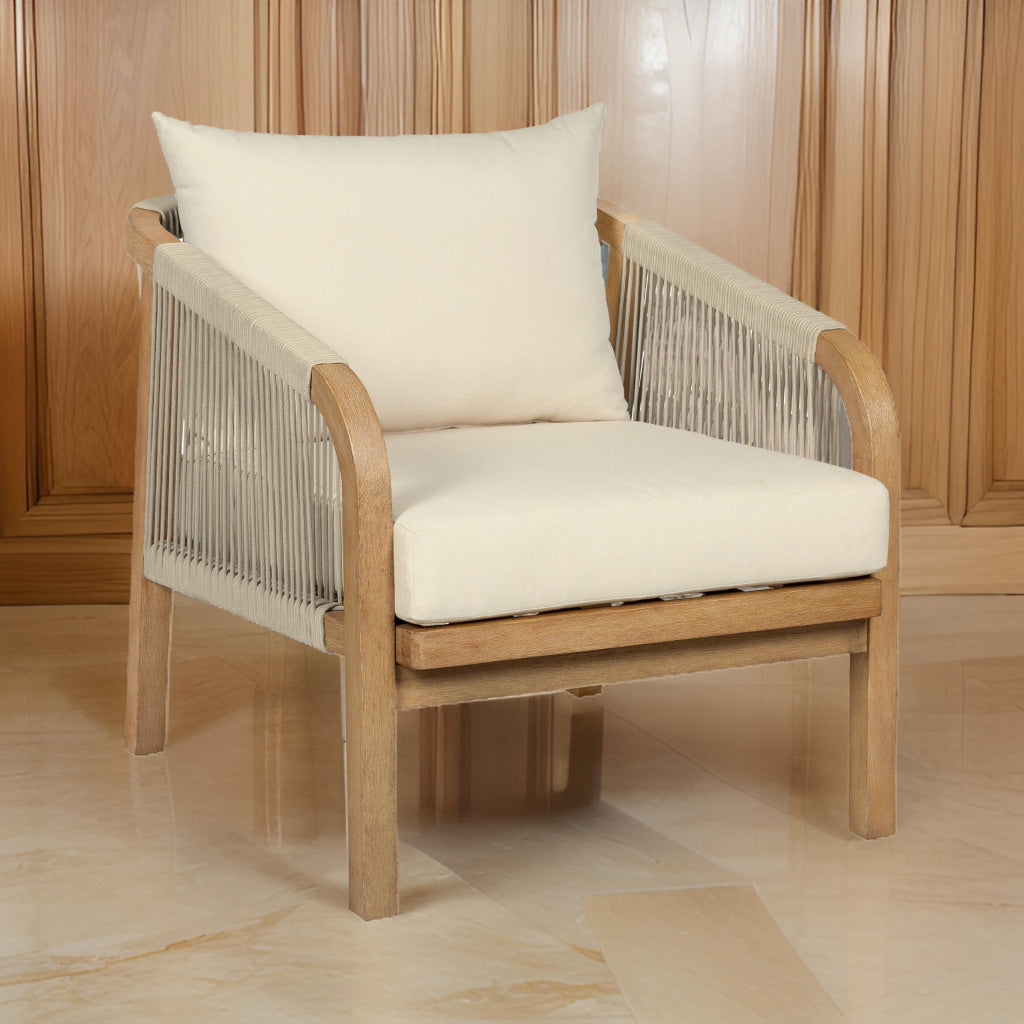 Ann 32 Inch Outdoor Accent Chair Brown Eucalyptus Rope Ivory Olefin By Casagear Home BM315711