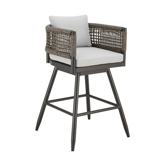 Piper 26 Inch Outdoor Swivel Counter Stool Chair, Rope Woven, Gray Cushions By Casagear Home