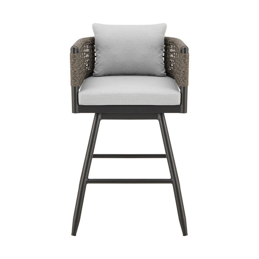 Piper 30 Inch Outdoor Swivel Barstool Chair Rope Woven Gray Cushions By Casagear Home BM315717