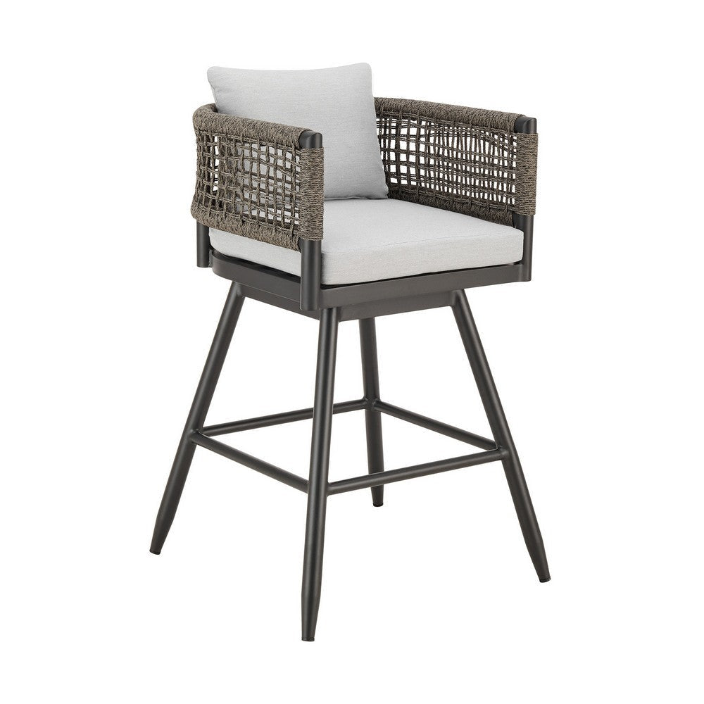 Piper 30 Inch Outdoor Swivel Barstool Chair, Rope Woven, Gray Cushions By Casagear Home
