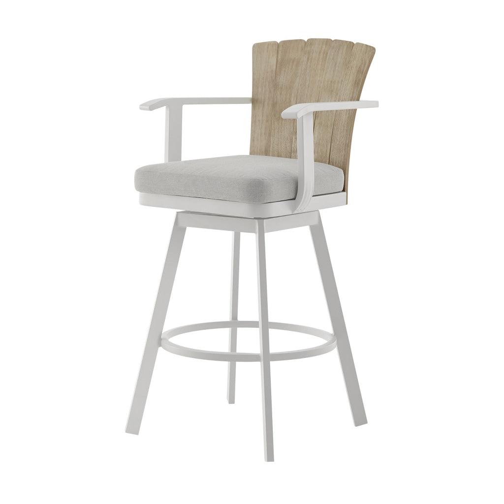 Luna 30 Inch Outdoor Swivel Barstool Chair Rustic Teak Wood White By Casagear Home BM315725