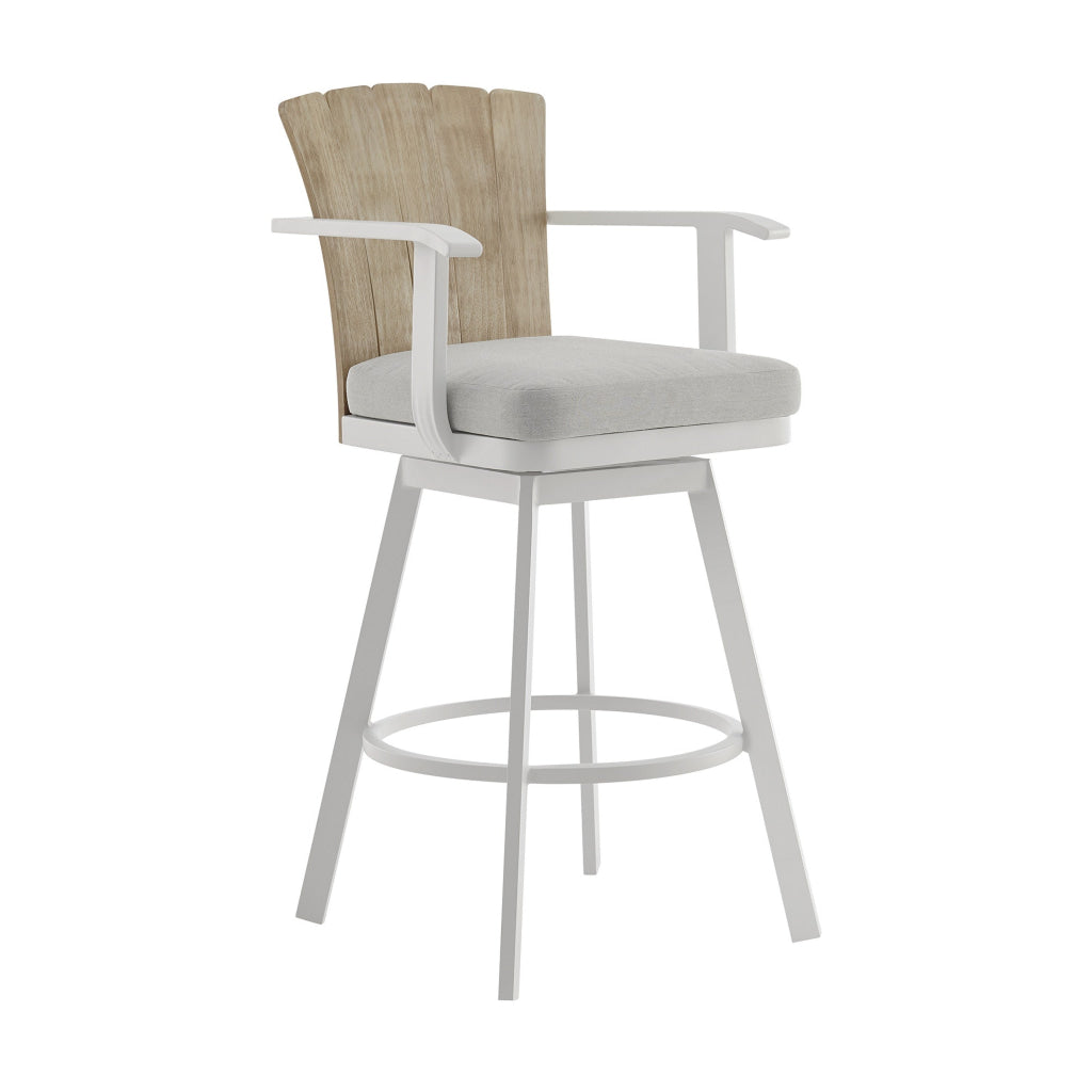 Luna 30 Inch Outdoor Swivel Barstool Chair Rustic Teak Wood White By Casagear Home BM315725