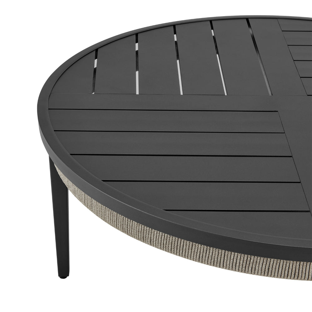 Hosa 42 Inch Outdoor Coffee Table, Black Round Slatted Top, Gray Rope Apron By Casagear Home