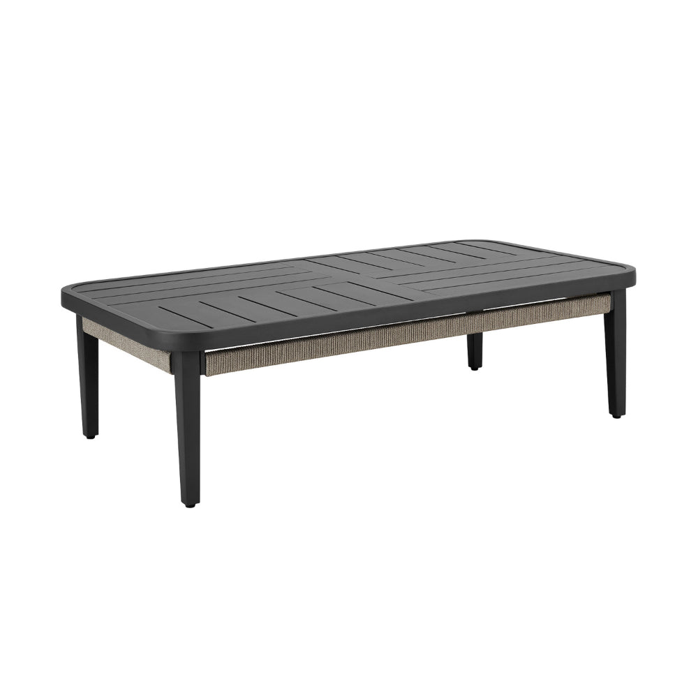 Hosa 50 Inch Outdoor Coffee Table, Rectangular Slatted Top, Gray Rope Apron By Casagear Home