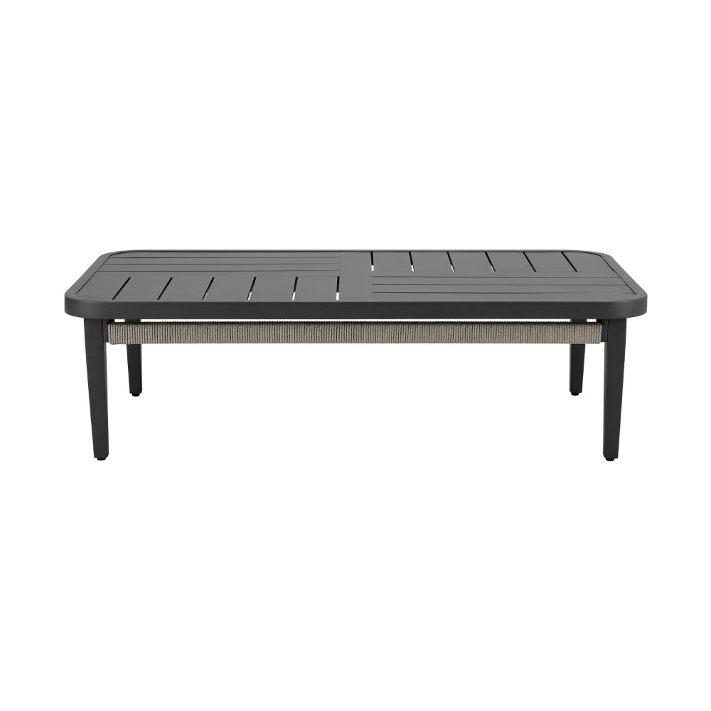 Hosa 50 Inch Outdoor Coffee Table, Rectangular Slatted Top, Gray Rope Apron By Casagear Home