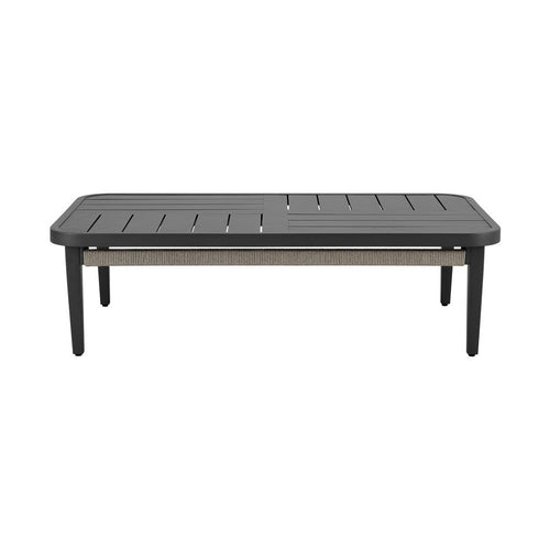 Hosa 50 Inch Outdoor Coffee Table, Rectangular Slatted Top, Gray Rope Apron By Casagear Home