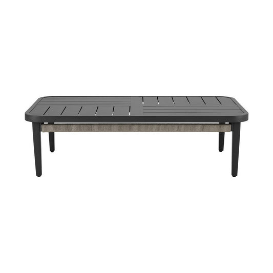 Hosa 50 Inch Outdoor Coffee Table, Rectangular Slatted Top, Gray Rope Apron By Casagear Home