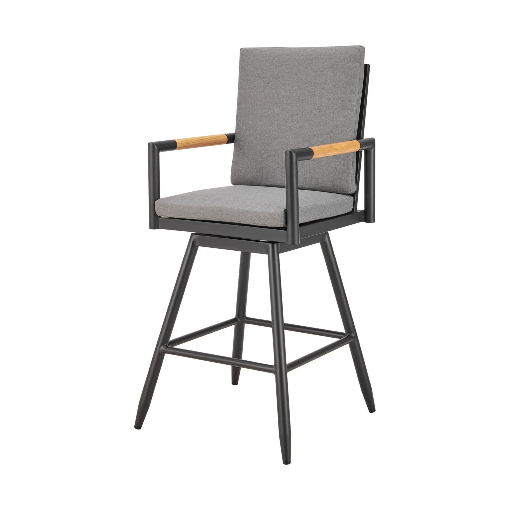 Razi 26 Inch Outdoor Swivel Counter Stool Chair Black Metal Gray Cushions By Casagear Home BM315737